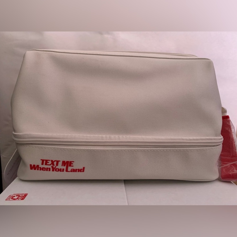 BEIS White Travel Dopp Kit with Red Text Accent